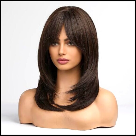 Shoulder-Length Layered Wig with Bangs Heat Resistant Synthetic Fibre
